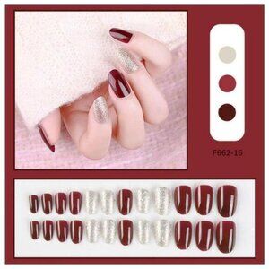 Maroon And Silver Press On Nail Set of 24